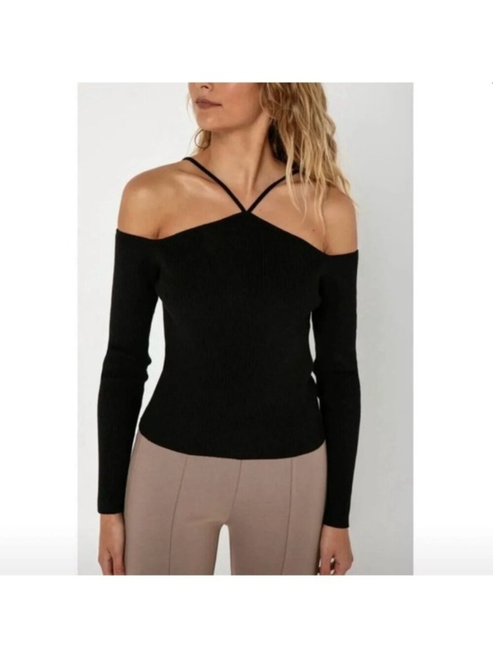 Modern Citizen Halter Off The Shoulder Knit Sweater L Black